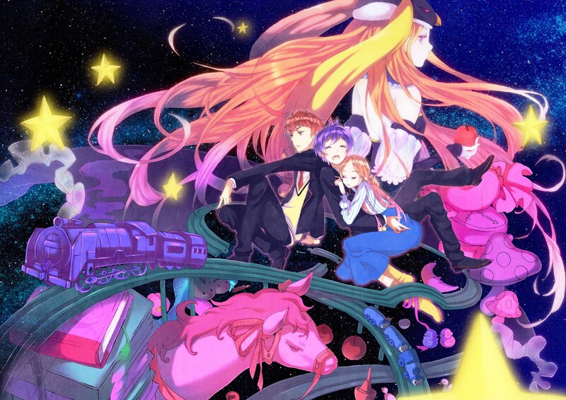 Anime characters in space with train