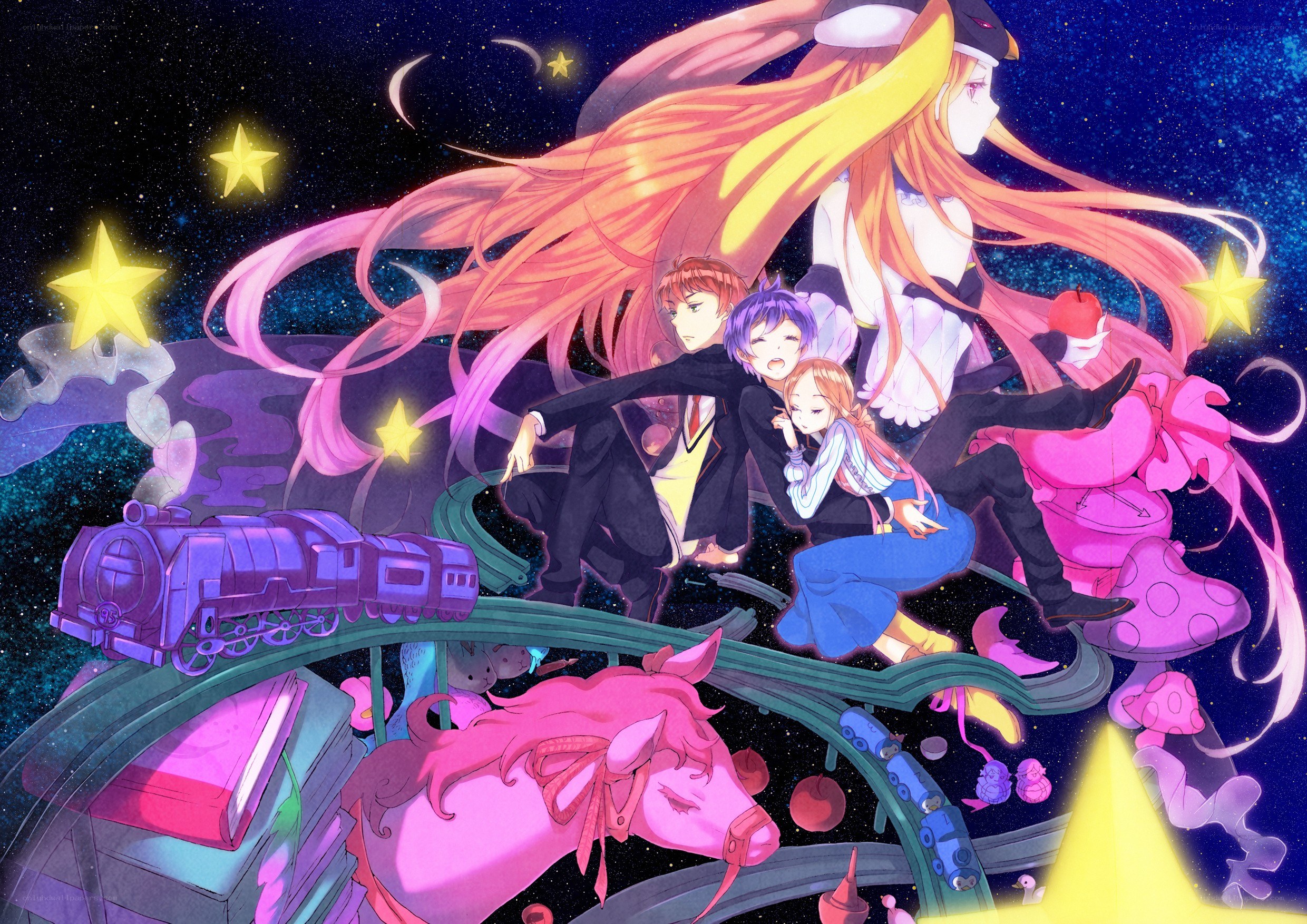 Anime characters in space with train