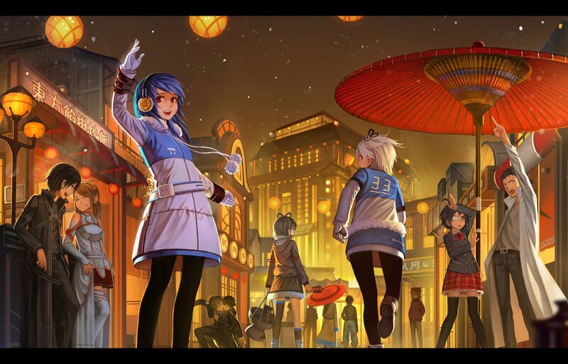 Anime Characters in Street — Orange, Festive, Night