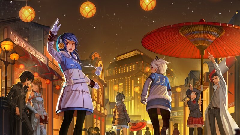 Anime Characters in Street — Orange, Festive