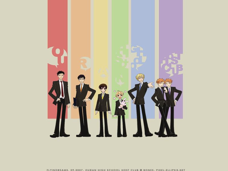 Anime Characters in Suits — Black, Playful, Rainbow Stripes