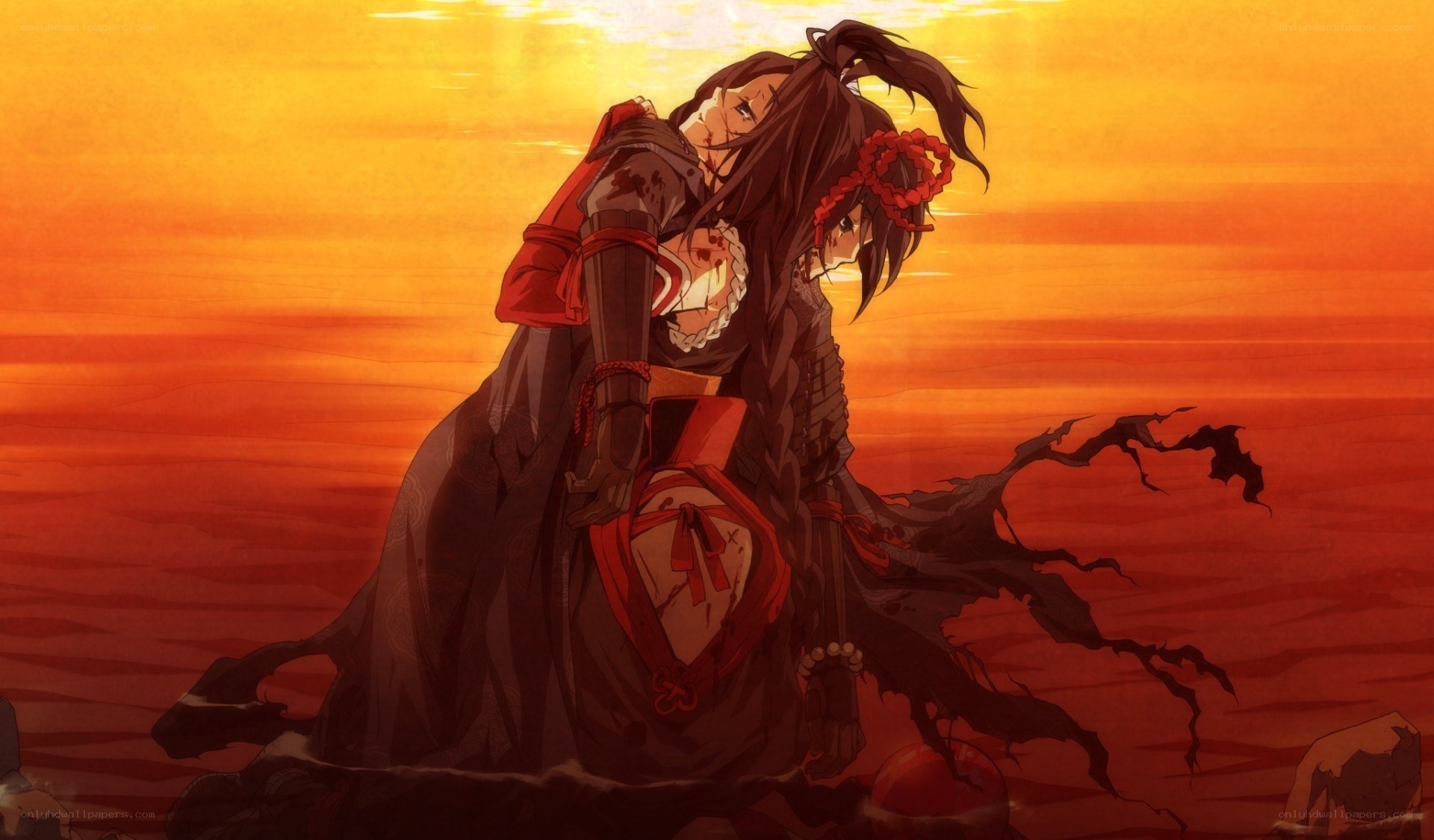 Anime characters in sunset embrace