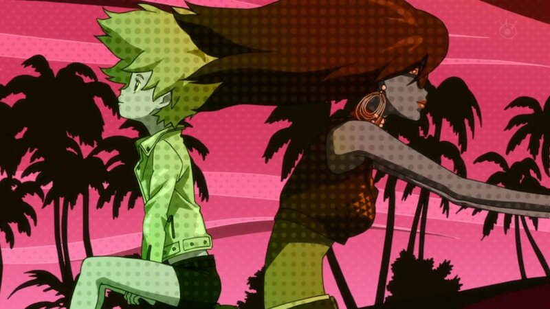 anime characters in tropical setting