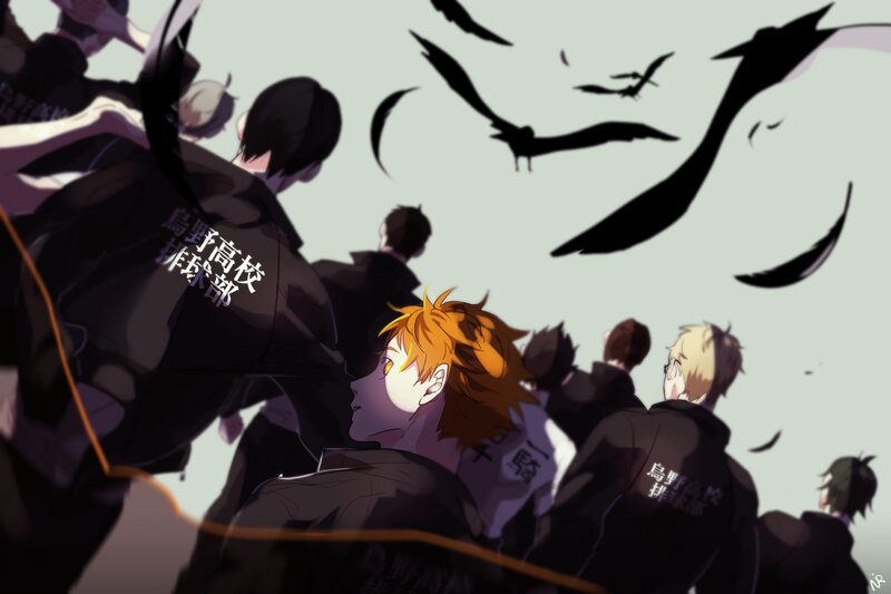 Anime Characters in Uniform — Black, Dramatic, Birds