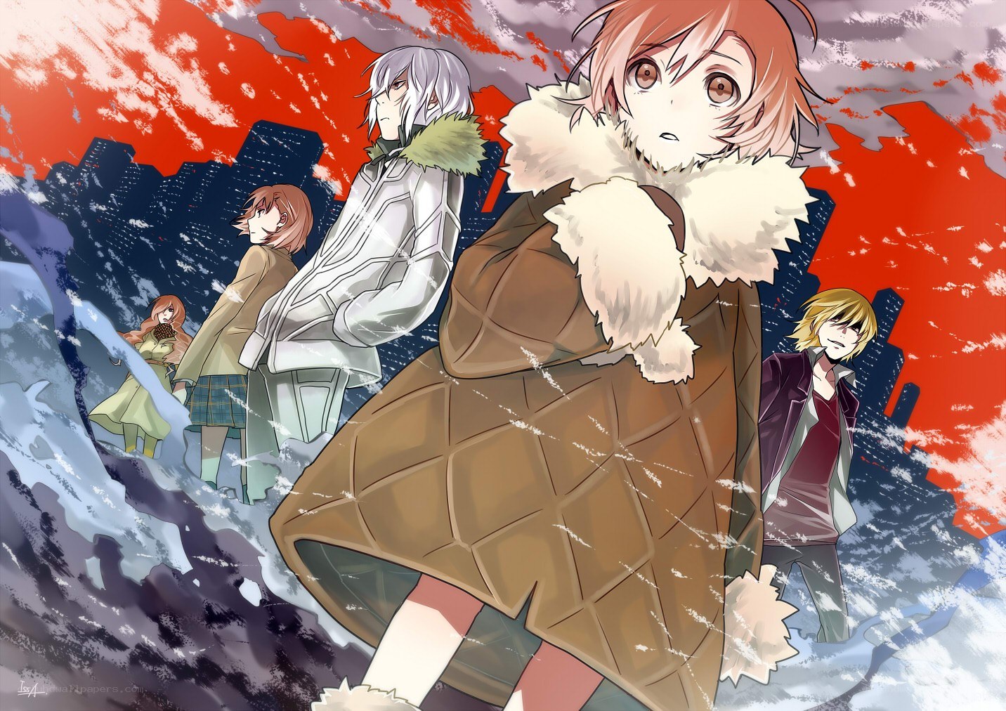 anime characters in winter city