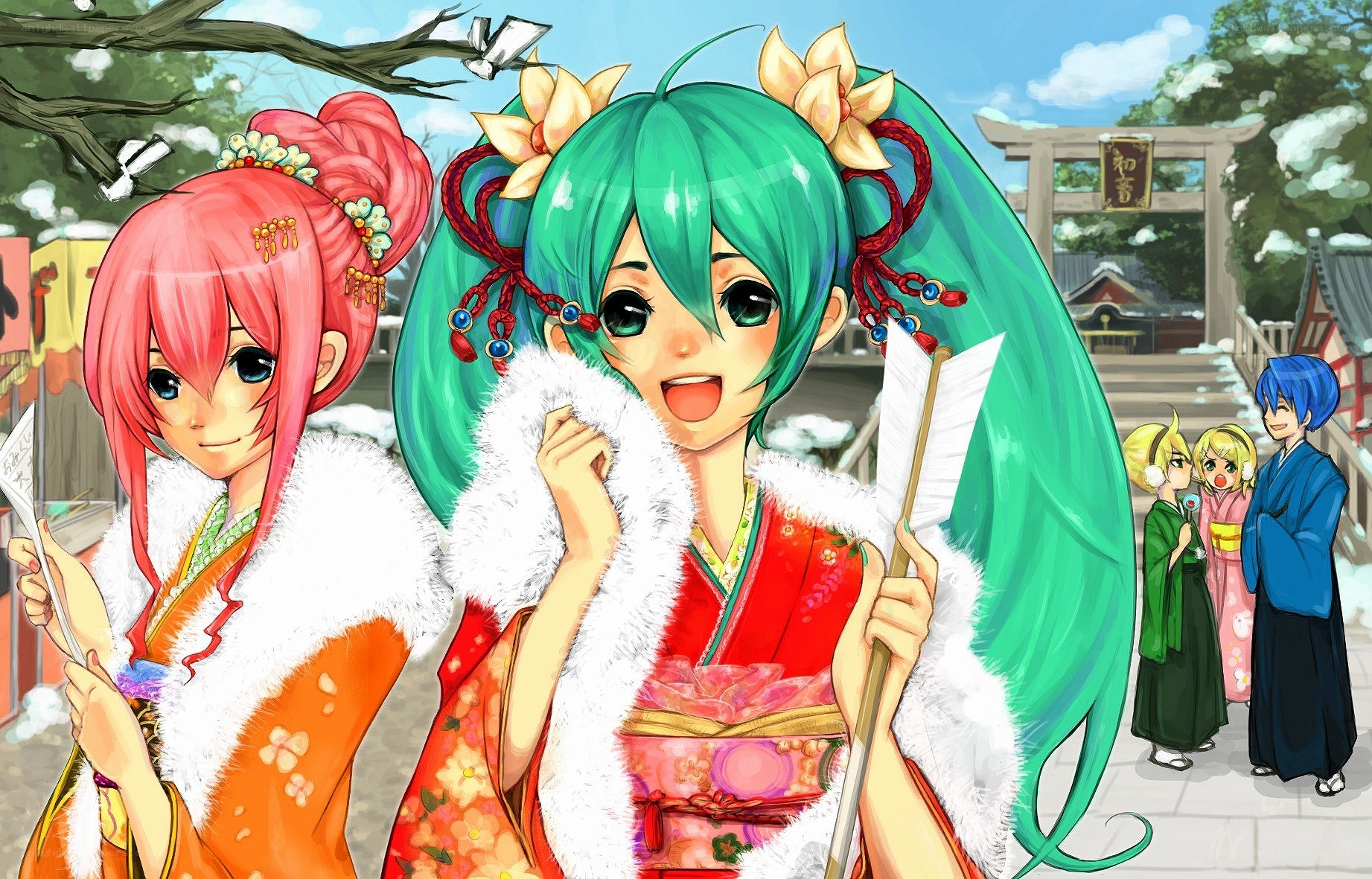 Anime characters in winter kimono