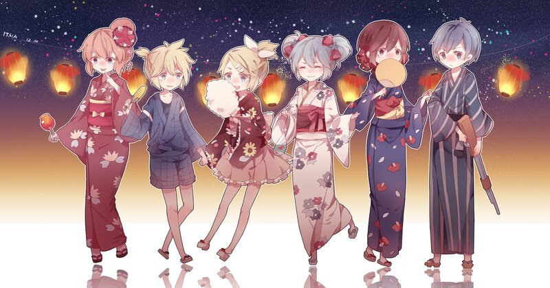 Anime characters in yukata at night