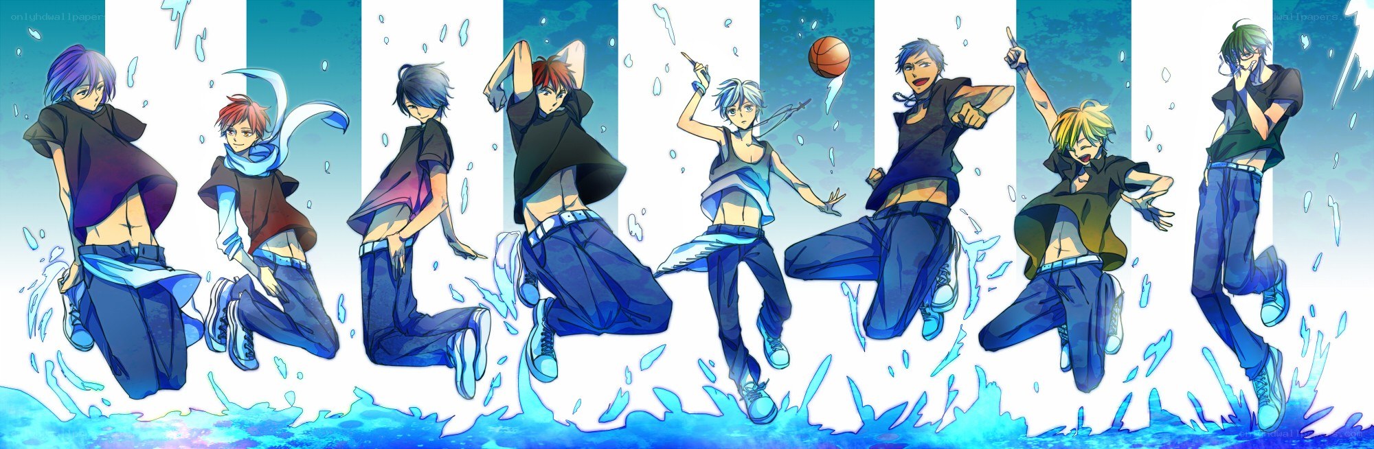 anime characters jumping in water