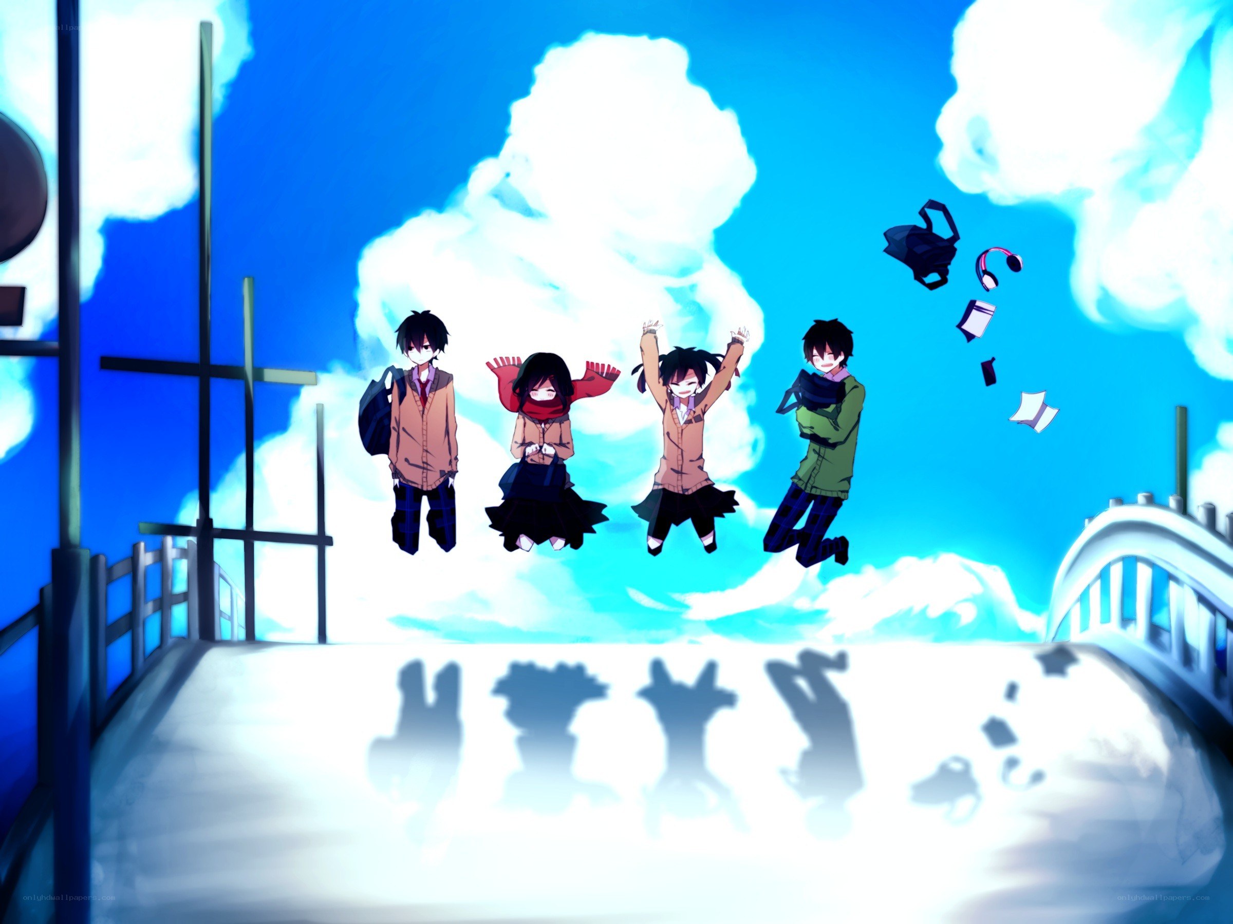 anime characters jumping on a bridge