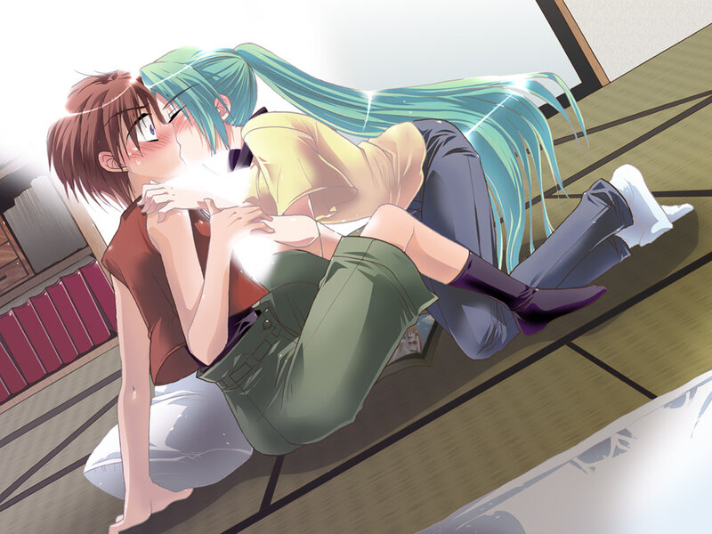 anime characters kissing on floor