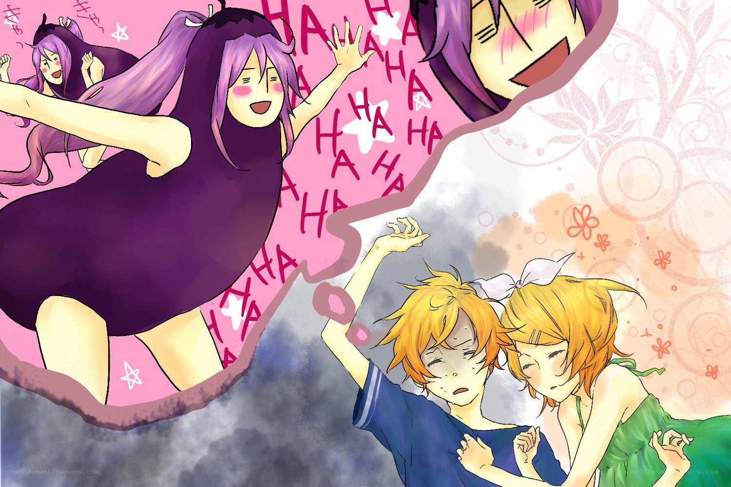 Anime characters laughing and dancing