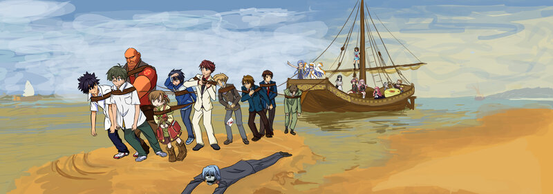 Anime characters on a beach