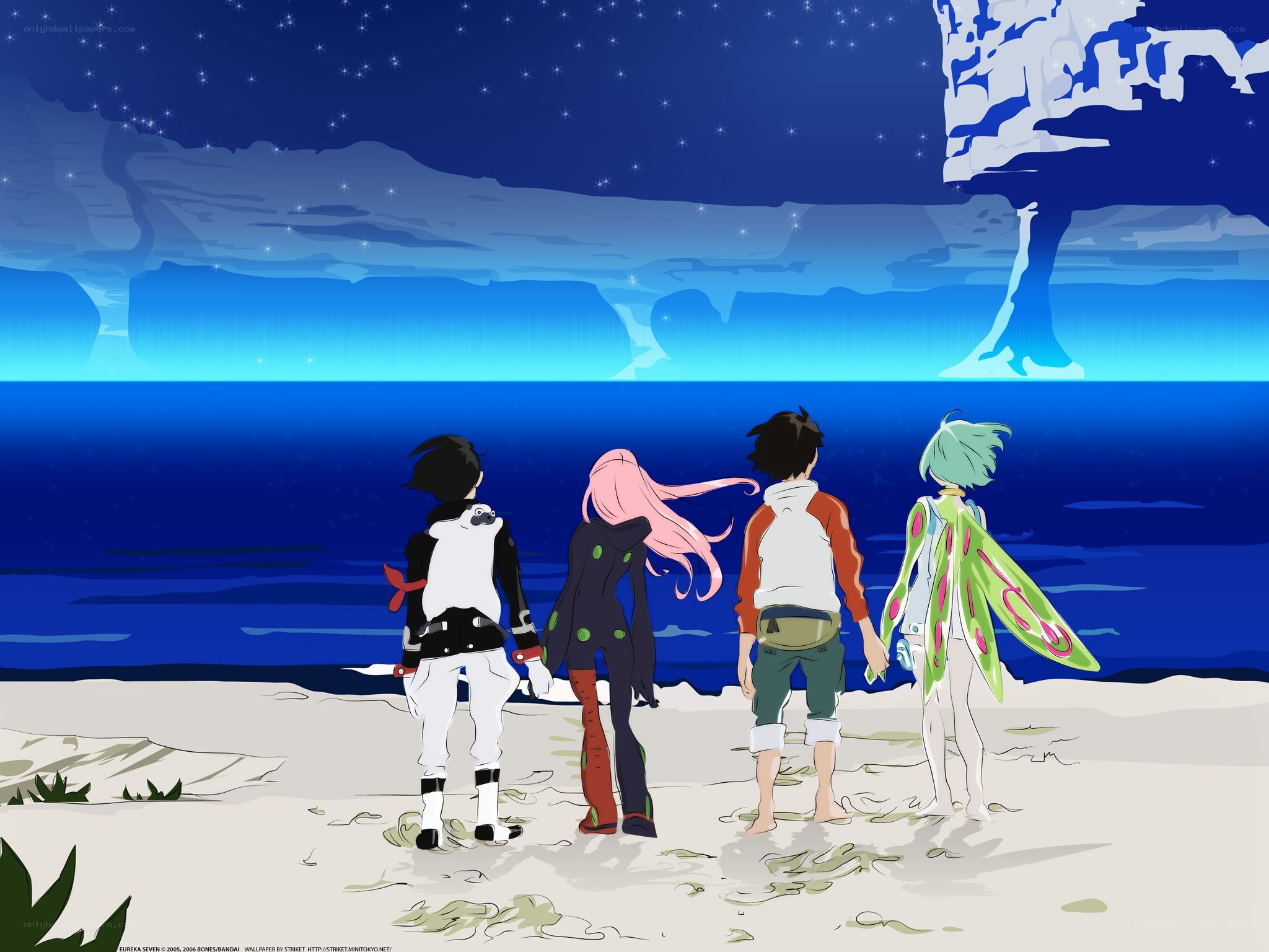 anime characters on a beach at night
