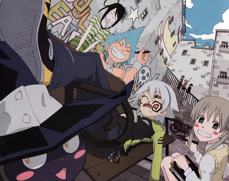 Anime Characters on a Bench — Blue