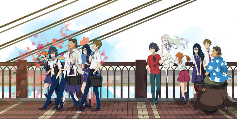 Anime characters on a bridge
