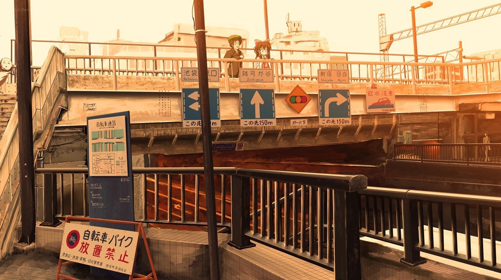 Anime characters on a bridge