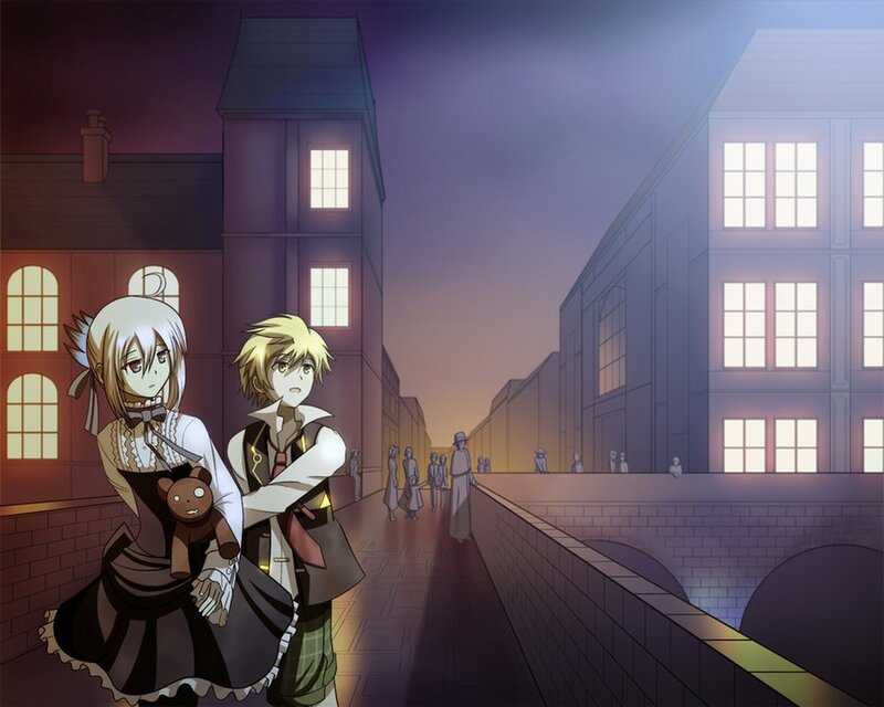 anime characters on a bridge at night
