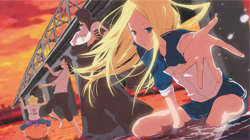 Anime characters on a bridge at sunset