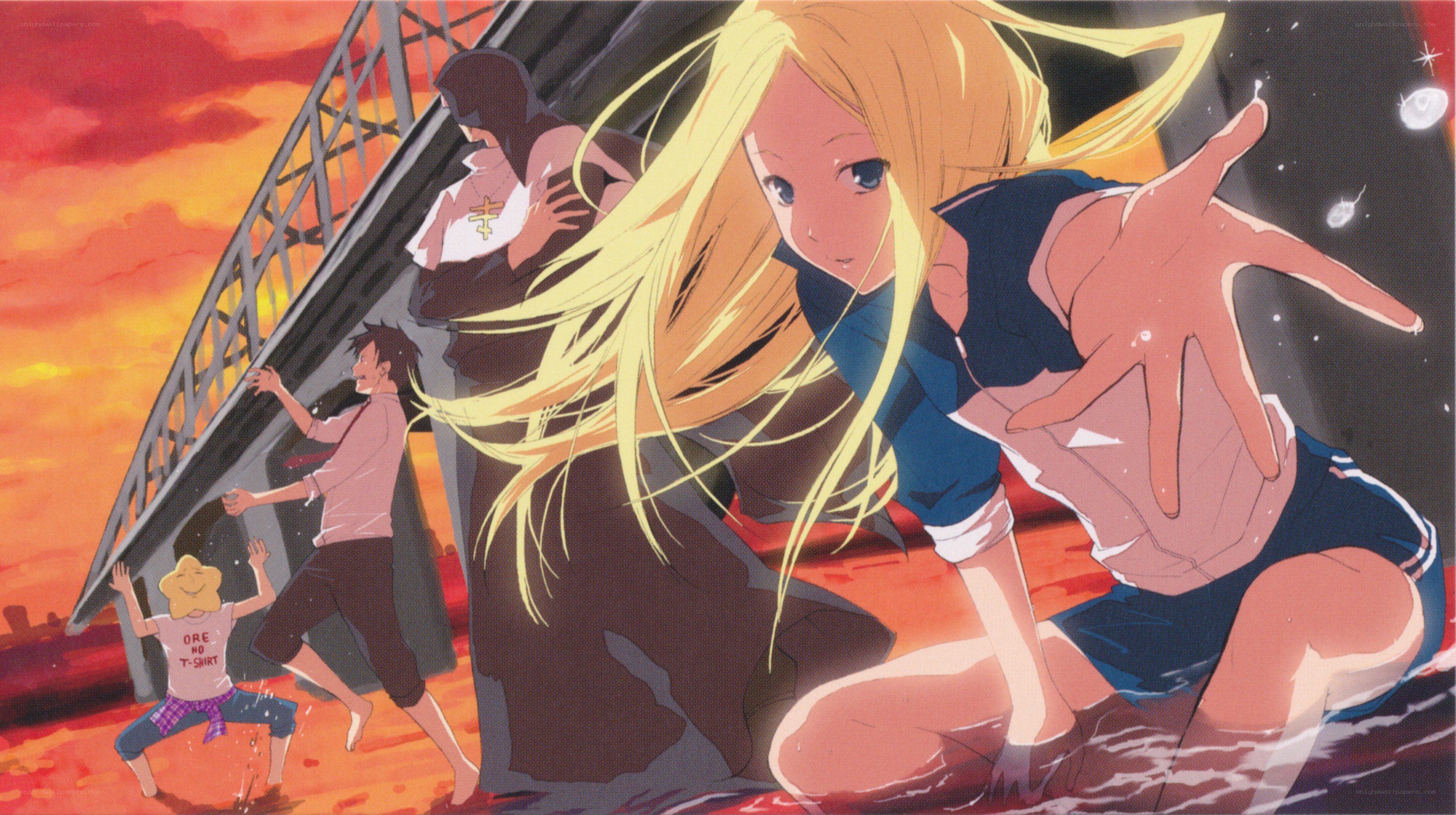 Anime characters on a bridge at sunset