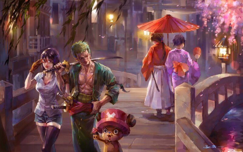 Anime Characters on a Bridge — Purple, Serene
