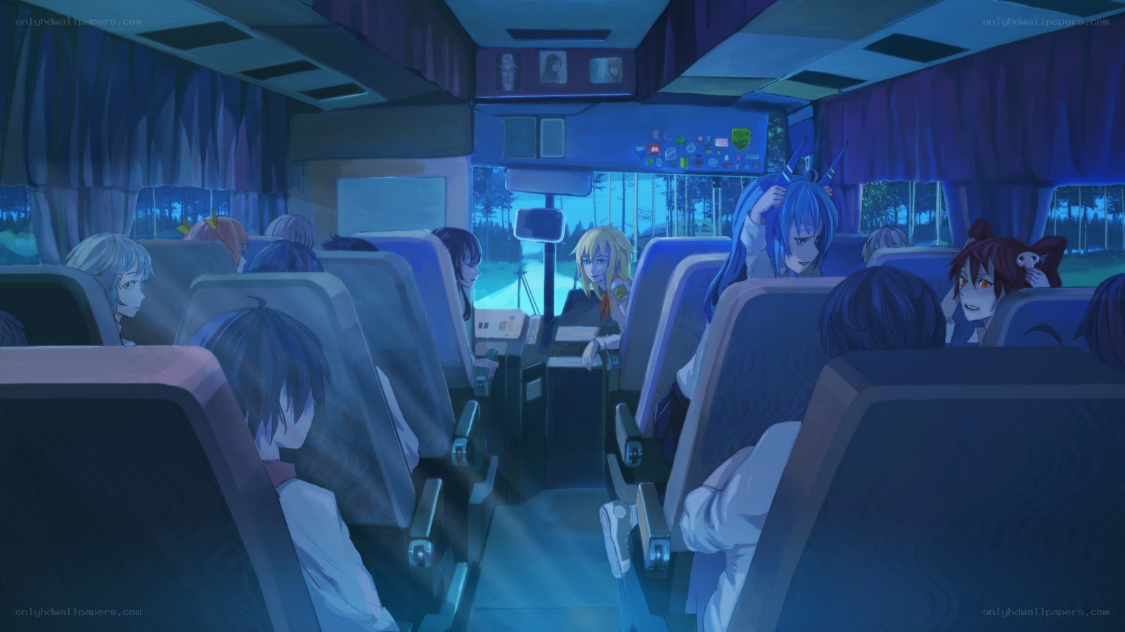 Anime characters on a bus at night