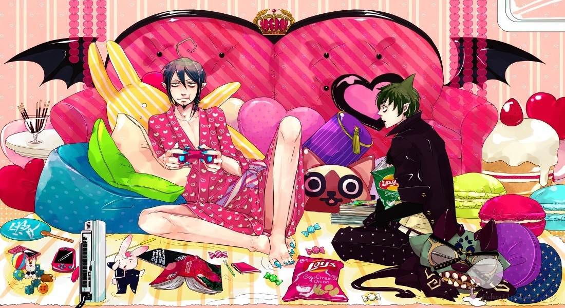 Anime characters on a candy-themed couch