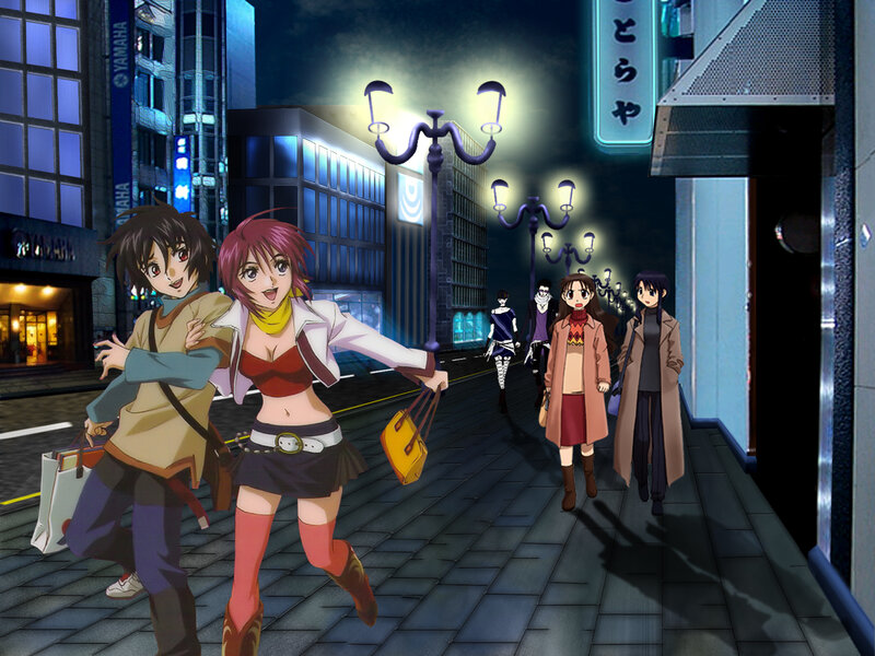 Anime characters on a city street