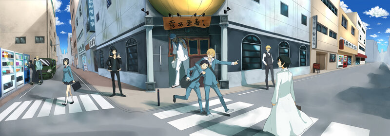 Anime characters on a city street