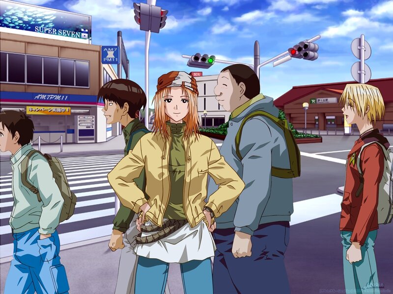 anime characters on a city street