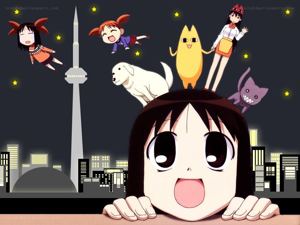 anime characters on a cityscape