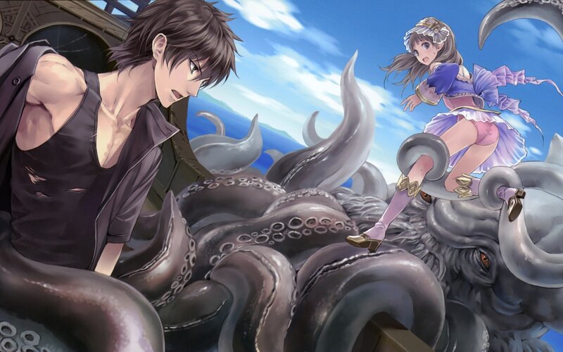Anime characters on a giant octopus