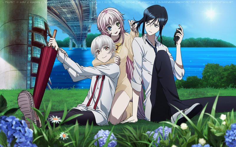 anime characters on a grassy field