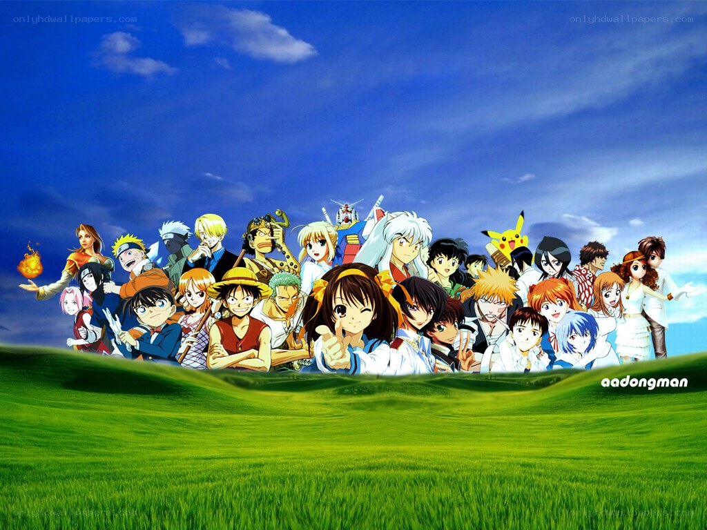 anime characters on a grassy field