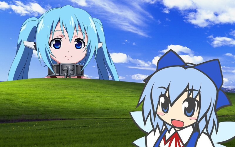 Anime characters on a green hill