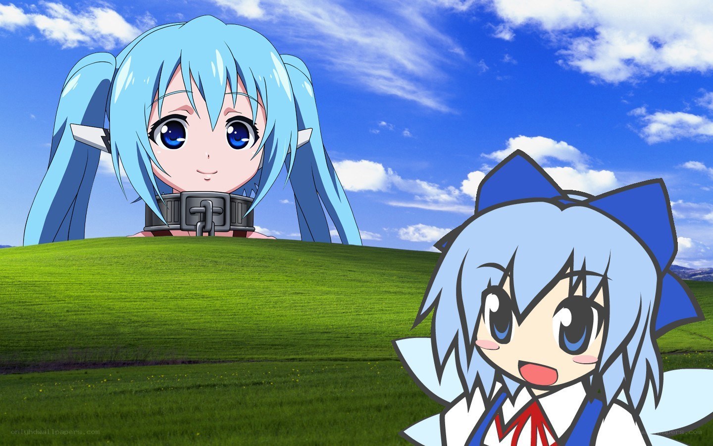 Anime characters on a green hill