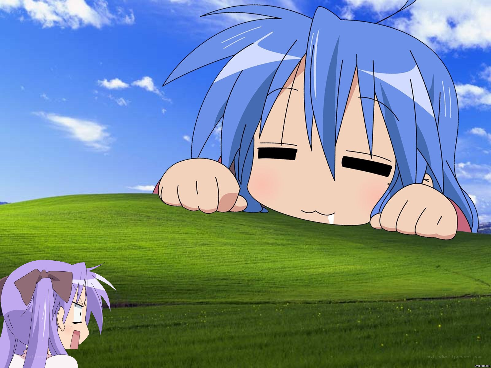 Anime characters on a green hill