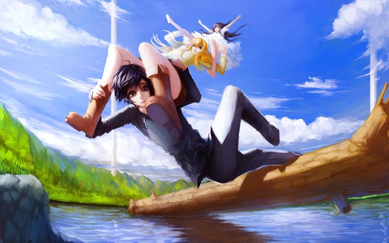 Anime characters on a log