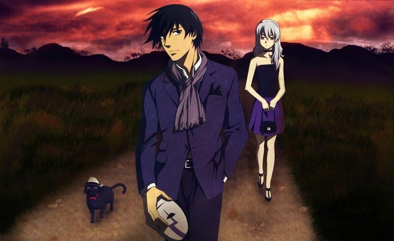 anime characters on a path at sunset