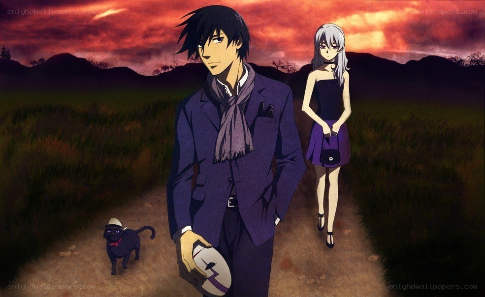 anime characters on a path at sunset