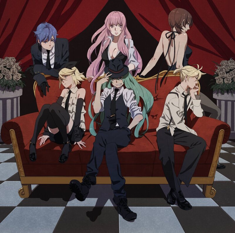 anime characters on a red couch