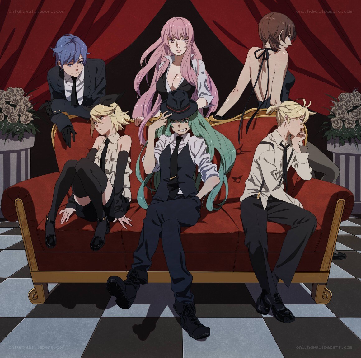 anime characters on a red couch