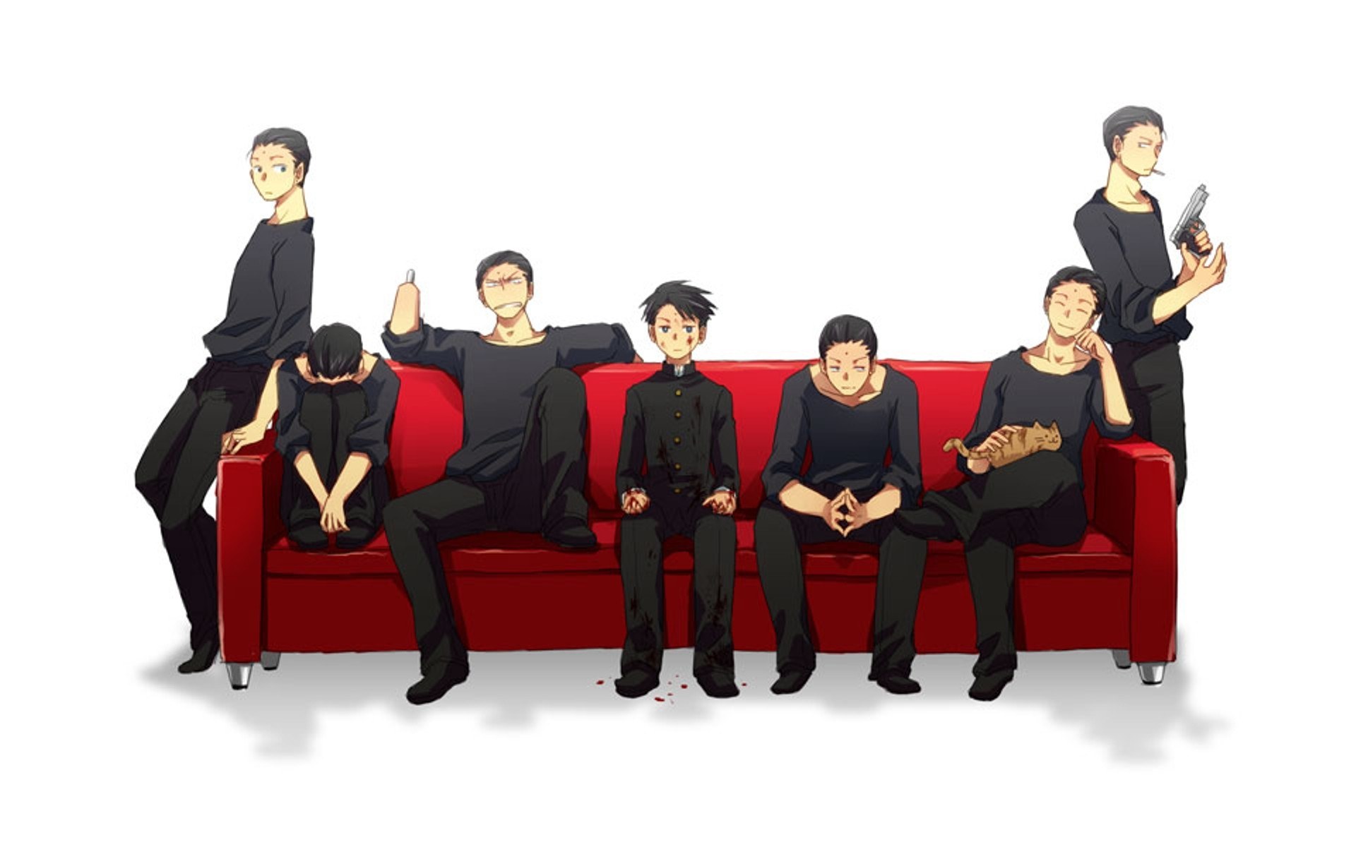 Anime characters on a red couch