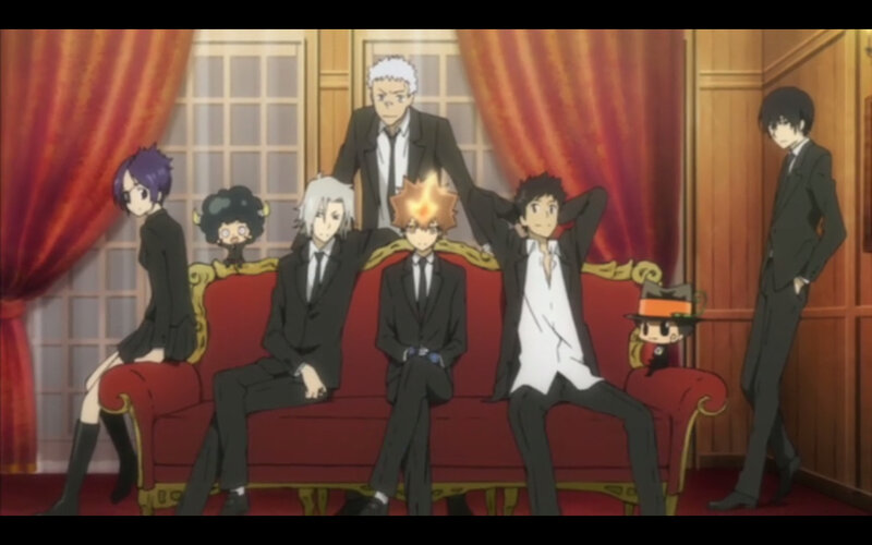 anime characters on a red couch