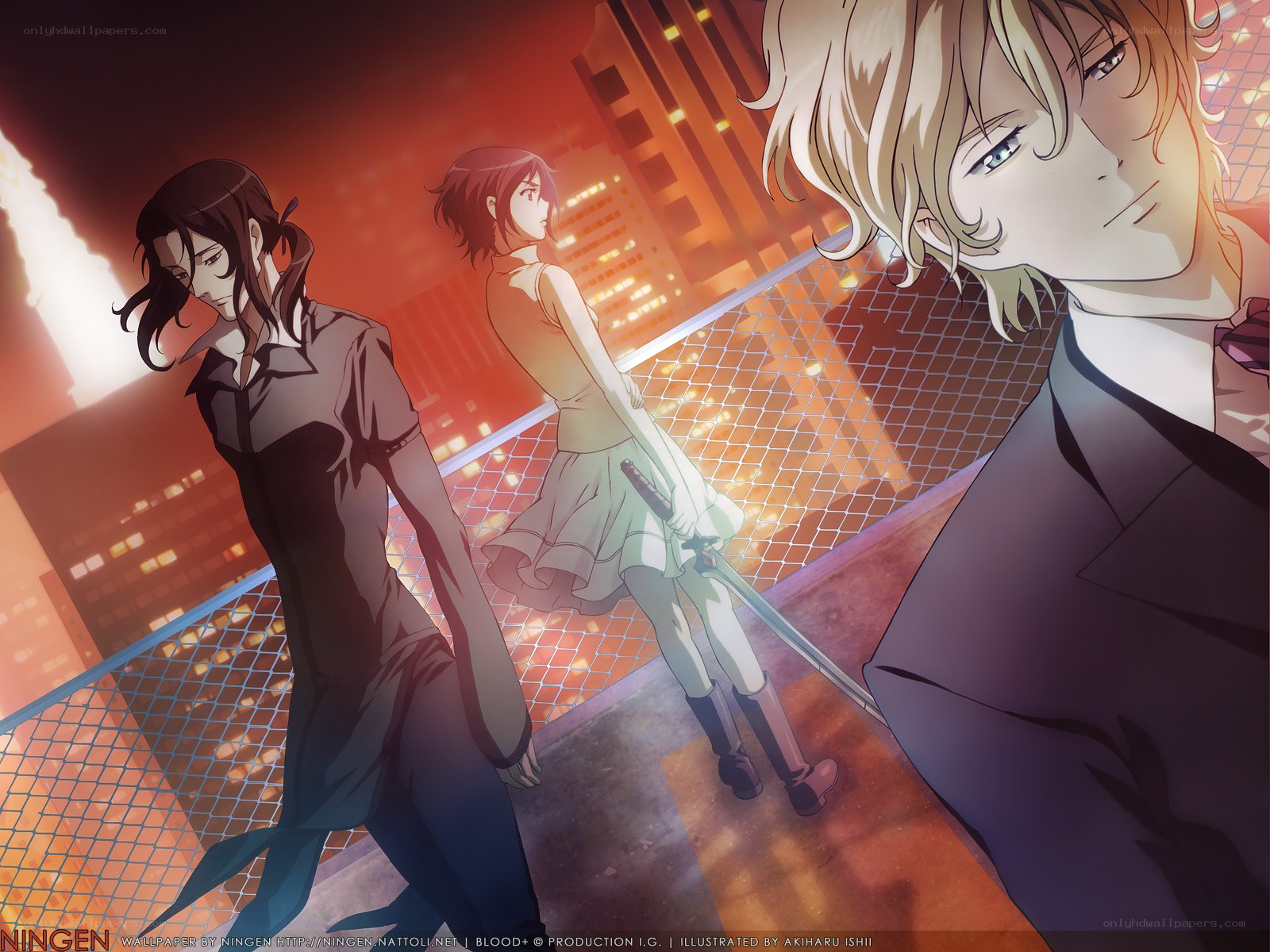 Anime characters on a rooftop at night