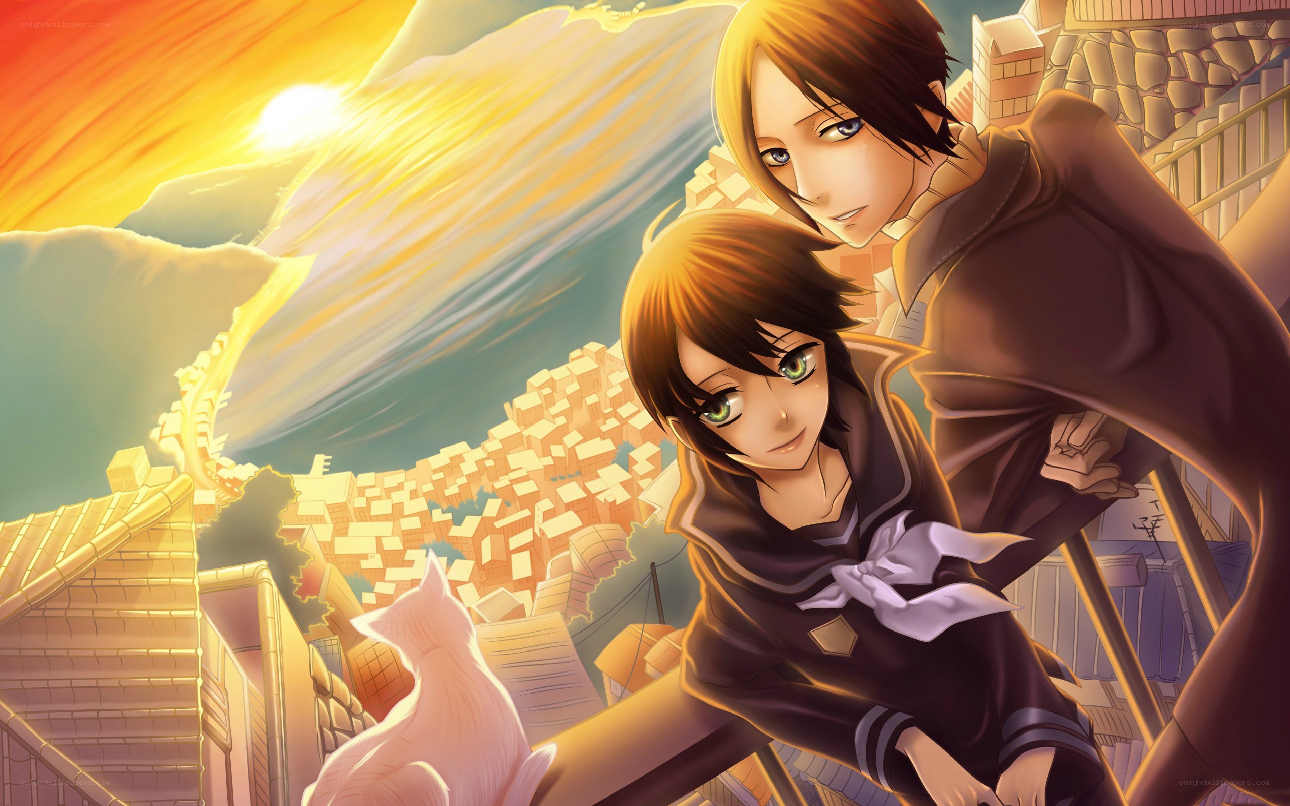 Anime characters on a rooftop at sunset