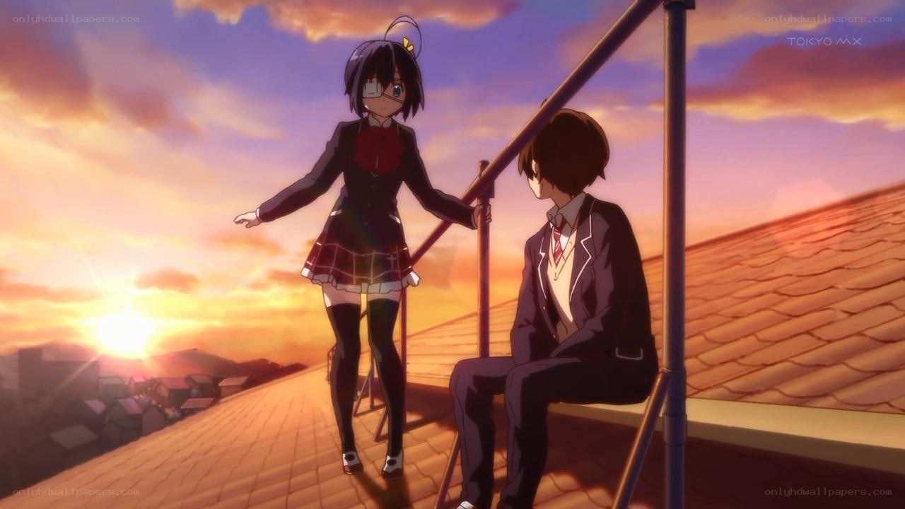 Anime characters on a rooftop at sunset