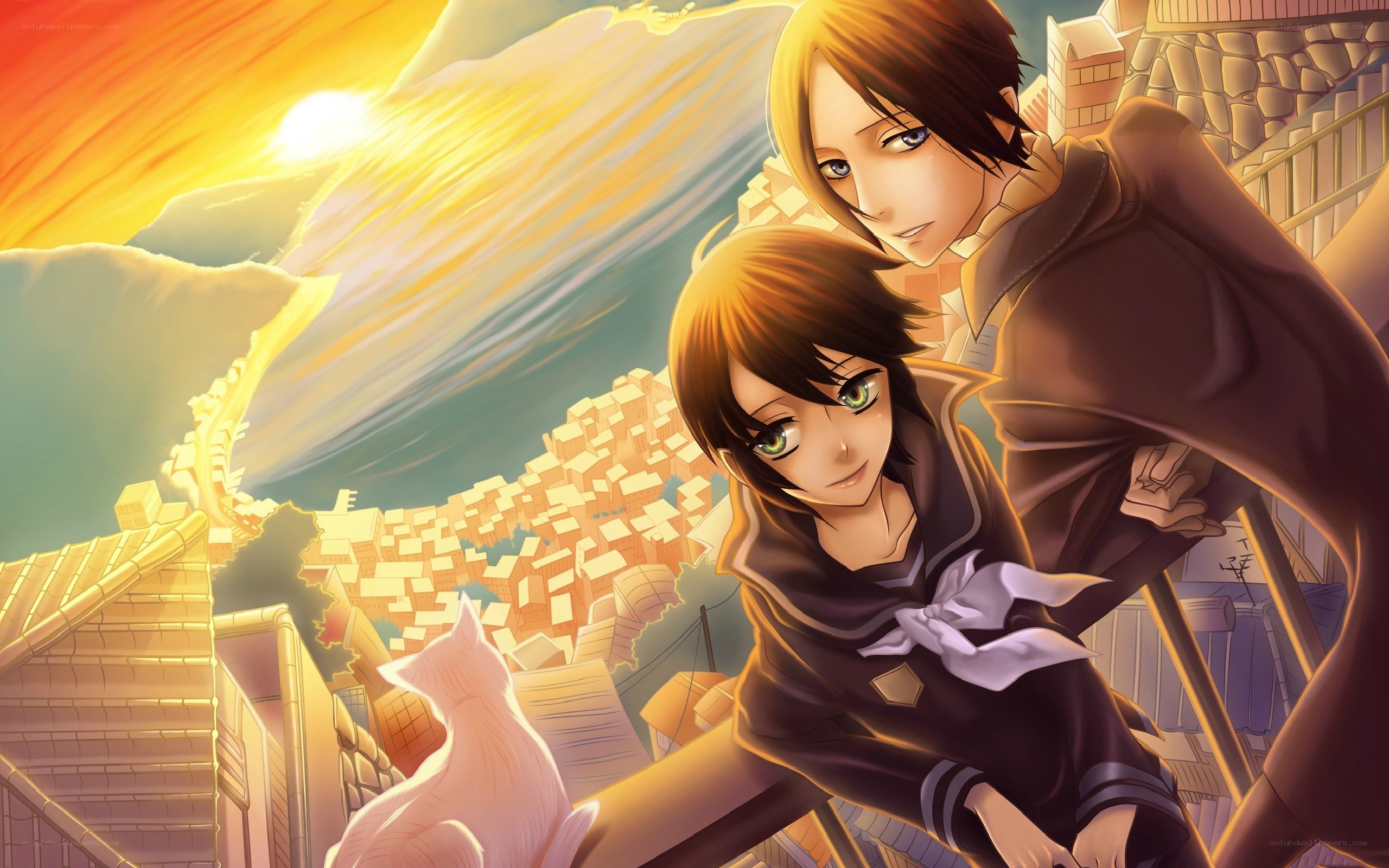 Anime characters on a rooftop at sunset