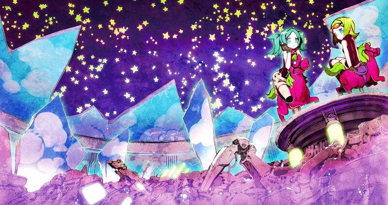 Anime characters on a starry platform