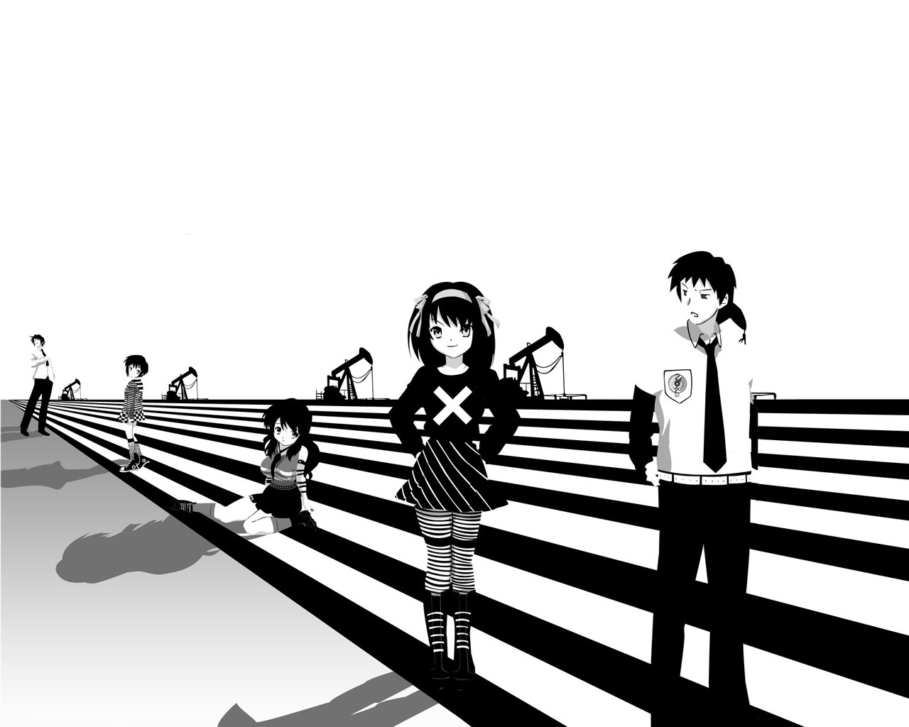 Anime characters on a striped field