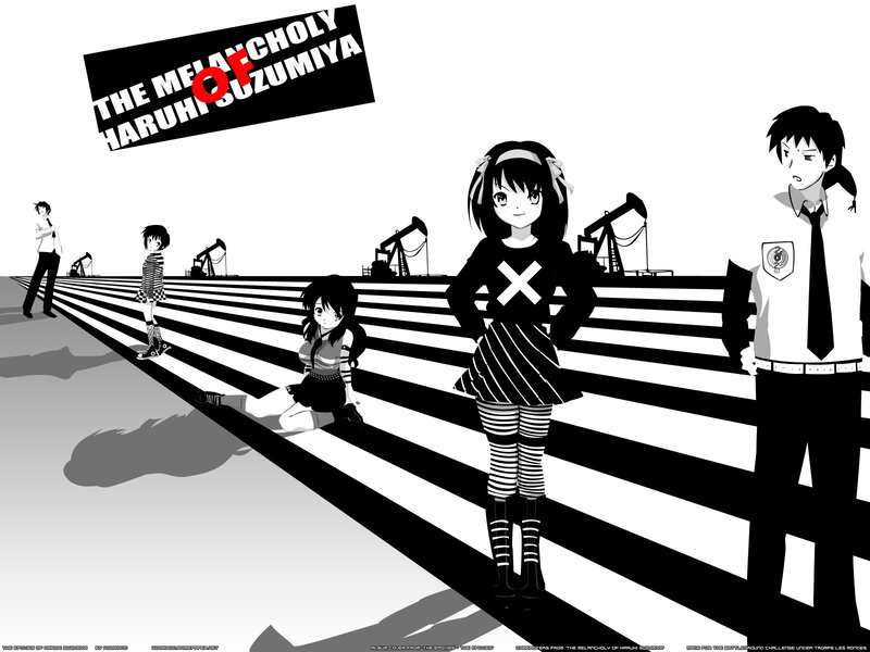 Anime Characters on a Striped Path — Black, Dramatic